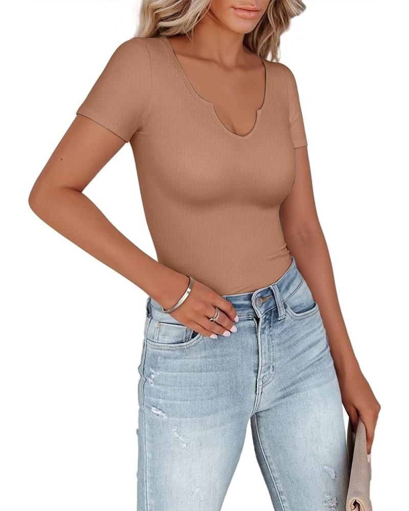 Womens Tops V Neck Short Sleeve Fitted T Shirts Summer Casual Tops Khaki $10.59 T-Shirts