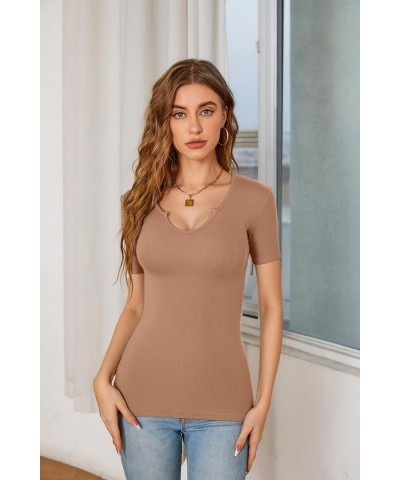 Womens Tops V Neck Short Sleeve Fitted T Shirts Summer Casual Tops Khaki $10.59 T-Shirts