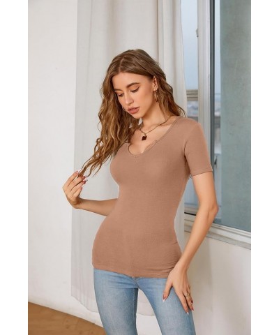 Womens Tops V Neck Short Sleeve Fitted T Shirts Summer Casual Tops Khaki $10.59 T-Shirts