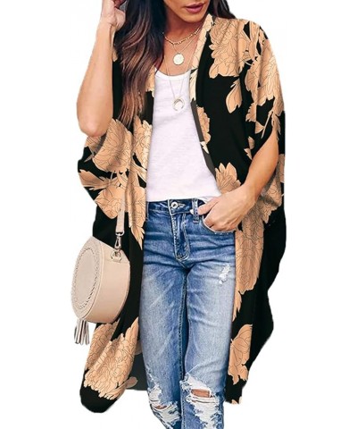 Women Soft Long Kimono Cardigans Half Sleeve Black $15.25 Sweaters