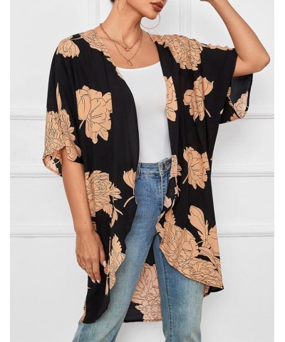 Women Soft Long Kimono Cardigans Half Sleeve Black $15.25 Sweaters