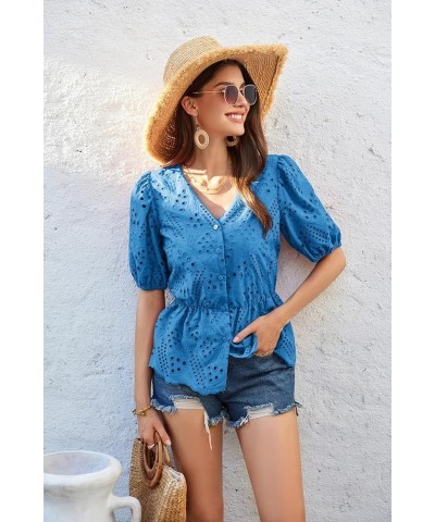 Women Blouses Button Up Puffed Short Sleeve Elastic Waist Shirt Double Layer Tops with Cotton Lining Denim Blue $21.83 Blouses