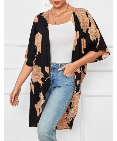 Women Soft Long Kimono Cardigans Half Sleeve Black $15.25 Sweaters