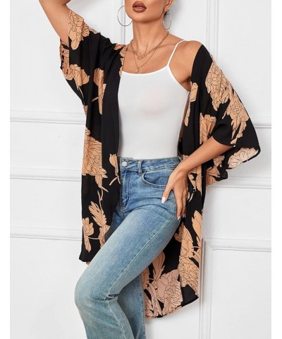 Women Soft Long Kimono Cardigans Half Sleeve Black $15.25 Sweaters