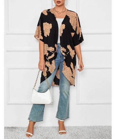 Women Soft Long Kimono Cardigans Half Sleeve Black $15.25 Sweaters