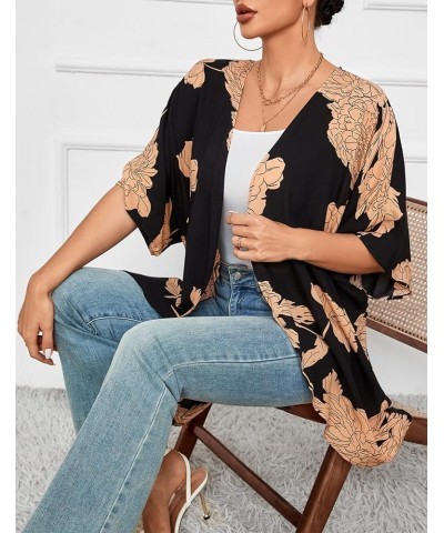 Women Soft Long Kimono Cardigans Half Sleeve Black $15.25 Sweaters