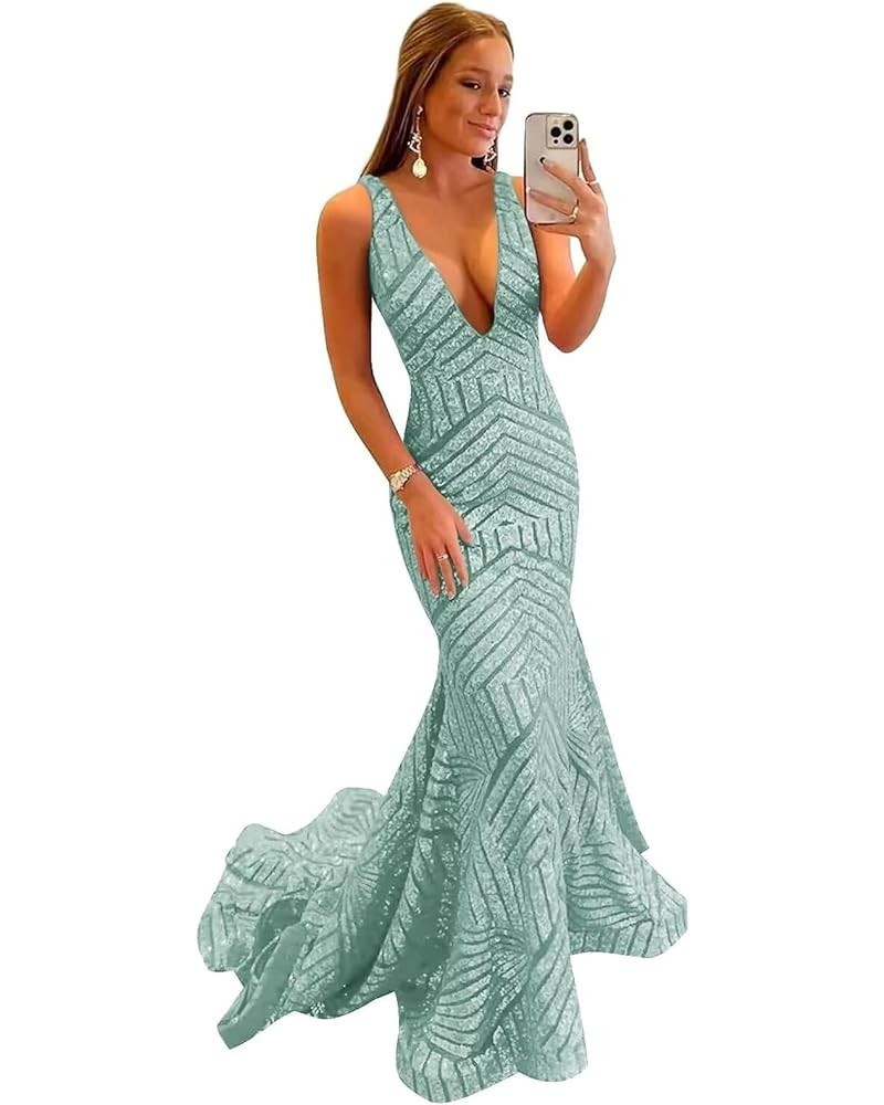 Mermaid Sequin Prom Dresses Sparkly Long Ball Gown Deep V Neck Backless Formal Party Evening Gowns with Train MR51 Mint $35.9...