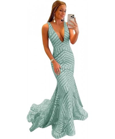 Mermaid Sequin Prom Dresses Sparkly Long Ball Gown Deep V Neck Backless Formal Party Evening Gowns with Train MR51 Mint $35.9...