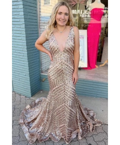 Mermaid Sequin Prom Dresses Sparkly Long Ball Gown Deep V Neck Backless Formal Party Evening Gowns with Train MR51 Mint $35.9...