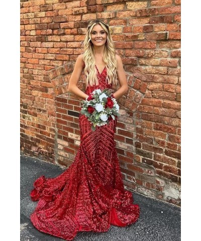 Mermaid Sequin Prom Dresses Sparkly Long Ball Gown Deep V Neck Backless Formal Party Evening Gowns with Train MR51 Mint $35.9...