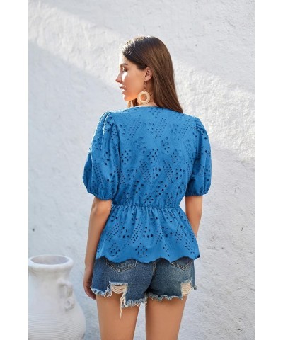 Women Blouses Button Up Puffed Short Sleeve Elastic Waist Shirt Double Layer Tops with Cotton Lining Denim Blue $21.83 Blouses