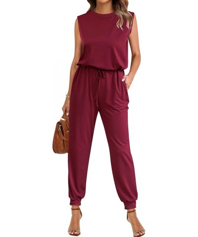 Sleeveless Jumpsuits for Women Drawstring Stretchy Long Rompers with Pockets Loose Comfy Jogger Pants Jumpsuit Wine Red $12.0...