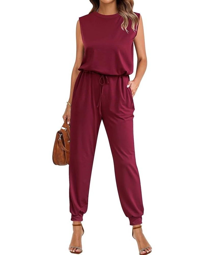 Sleeveless Jumpsuits for Women Drawstring Stretchy Long Rompers with Pockets Loose Comfy Jogger Pants Jumpsuit Wine Red $12.0...