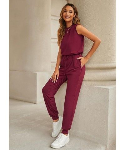 Sleeveless Jumpsuits for Women Drawstring Stretchy Long Rompers with Pockets Loose Comfy Jogger Pants Jumpsuit Wine Red $12.0...