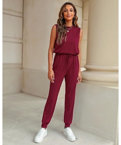 Sleeveless Jumpsuits for Women Drawstring Stretchy Long Rompers with Pockets Loose Comfy Jogger Pants Jumpsuit Wine Red $12.0...