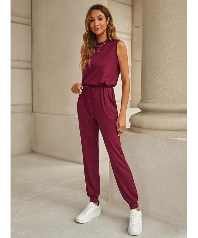 Sleeveless Jumpsuits for Women Drawstring Stretchy Long Rompers with Pockets Loose Comfy Jogger Pants Jumpsuit Wine Red $12.0...