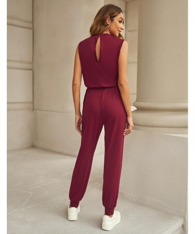 Sleeveless Jumpsuits for Women Drawstring Stretchy Long Rompers with Pockets Loose Comfy Jogger Pants Jumpsuit Wine Red $12.0...