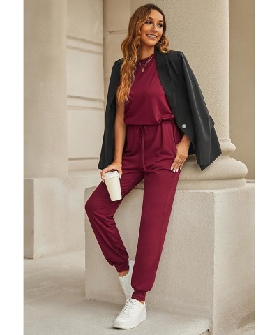 Sleeveless Jumpsuits for Women Drawstring Stretchy Long Rompers with Pockets Loose Comfy Jogger Pants Jumpsuit Wine Red $12.0...