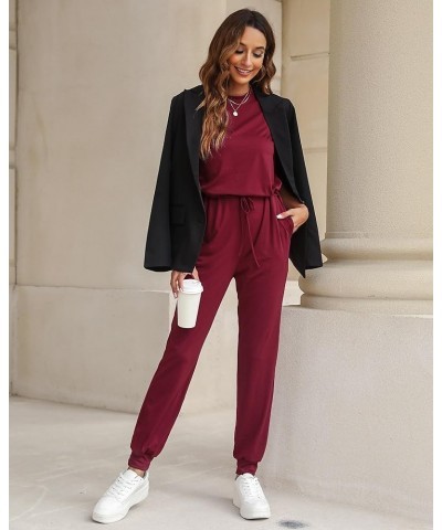 Sleeveless Jumpsuits for Women Drawstring Stretchy Long Rompers with Pockets Loose Comfy Jogger Pants Jumpsuit Wine Red $12.0...