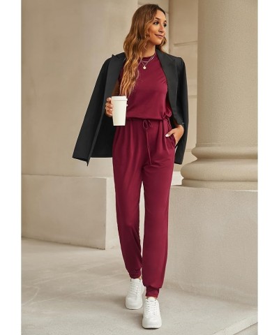 Sleeveless Jumpsuits for Women Drawstring Stretchy Long Rompers with Pockets Loose Comfy Jogger Pants Jumpsuit Wine Red $12.0...