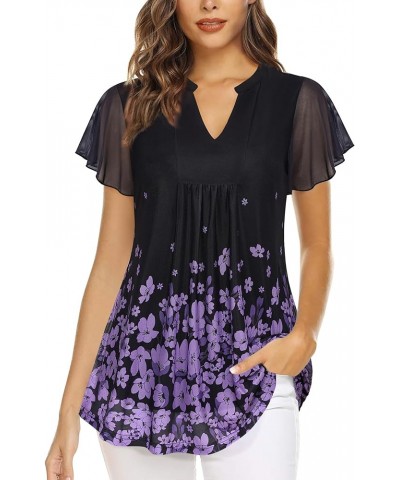 Women's Short Sleeve Tunic Tops Layered Notch V-Neck Casual Shirts Floral Printed Dressy Blouses Black Violet $14.88 Tops