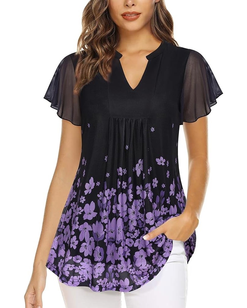 Women's Short Sleeve Tunic Tops Layered Notch V-Neck Casual Shirts Floral Printed Dressy Blouses Black Violet $14.88 Tops