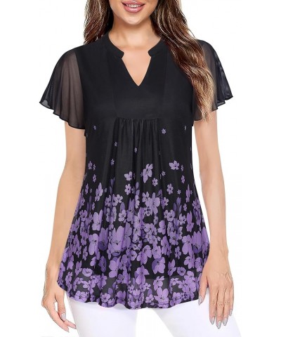 Women's Short Sleeve Tunic Tops Layered Notch V-Neck Casual Shirts Floral Printed Dressy Blouses Black Violet $14.88 Tops