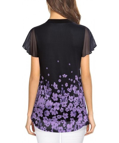 Women's Short Sleeve Tunic Tops Layered Notch V-Neck Casual Shirts Floral Printed Dressy Blouses Black Violet $14.88 Tops