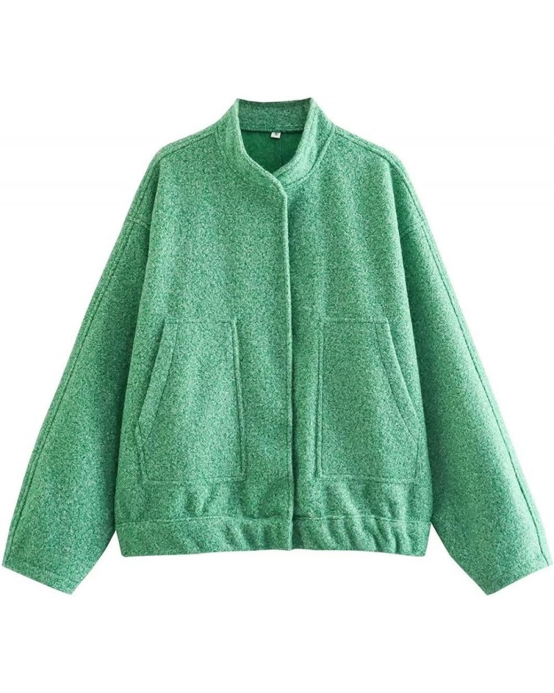 Women's Wool Blend Bomber Jacket Button Down Stand-Collar Shacket Jacket Oversized Varsity Jacket Streetwear Green $18.55 Jac...