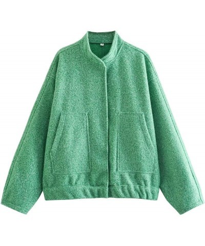 Women's Wool Blend Bomber Jacket Button Down Stand-Collar Shacket Jacket Oversized Varsity Jacket Streetwear Green $18.55 Jac...