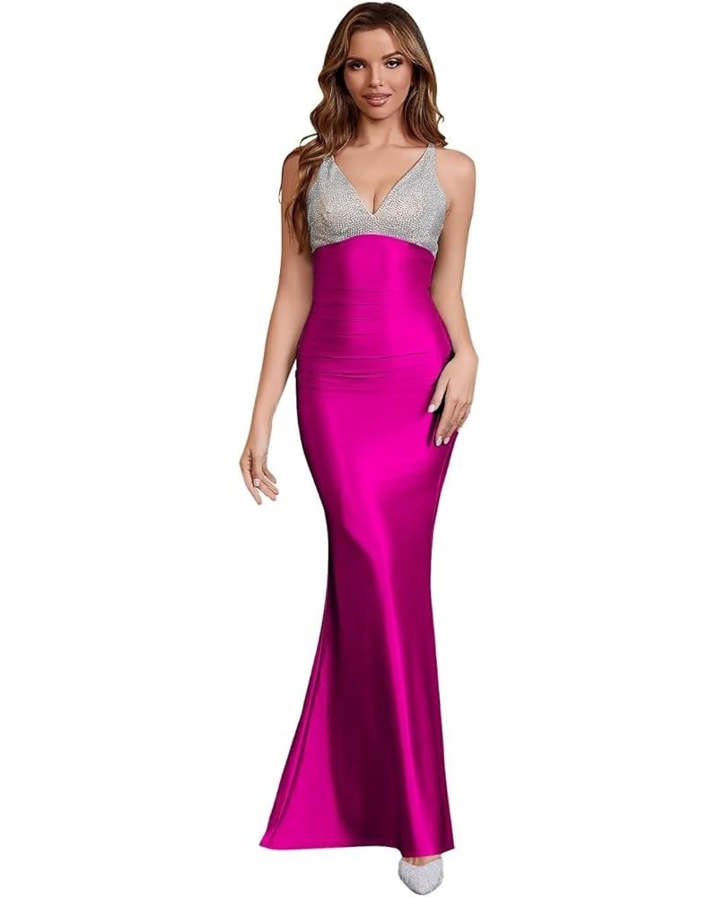 Mermaid Prom Dresses with Slit Spaghetti Straps Pleated Beaded Evening Party Gowns Homecoming Dresses Long E-fuchsia $36.00 D...