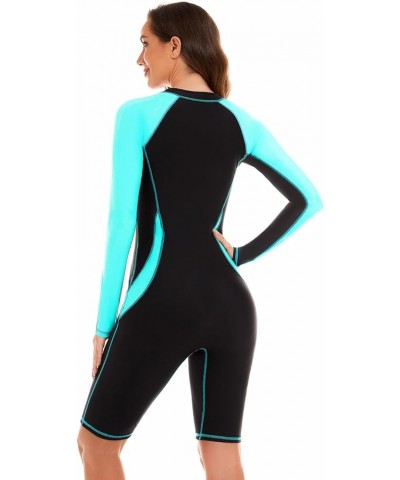 Women Zip Rash Guard Long Sleeve One Piece Splice Swimsuit UPF 50+ Tummy Control Surfing Bathing Suits Boyshort Bottom Sky Bl...