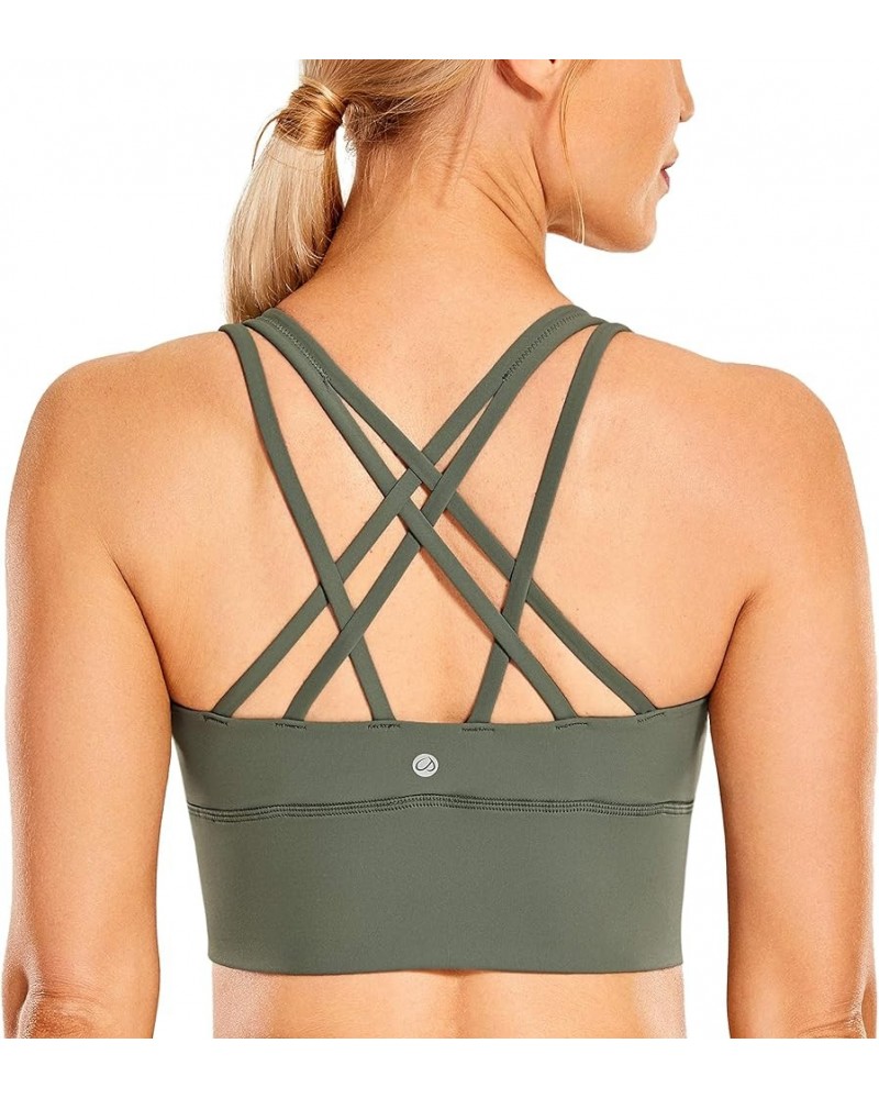 Women's Strappy Longline Sports Bras - Wirefree Padded Medium Impact Workout Crop Tank Top Grey Sage $17.16 Activewear