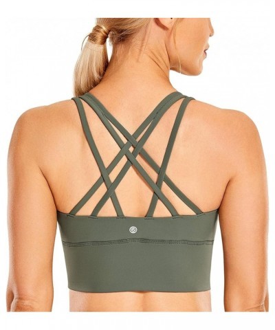 Women's Strappy Longline Sports Bras - Wirefree Padded Medium Impact Workout Crop Tank Top Grey Sage $17.16 Activewear