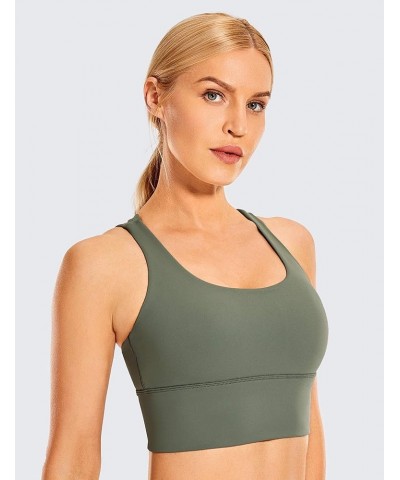 Women's Strappy Longline Sports Bras - Wirefree Padded Medium Impact Workout Crop Tank Top Grey Sage $17.16 Activewear