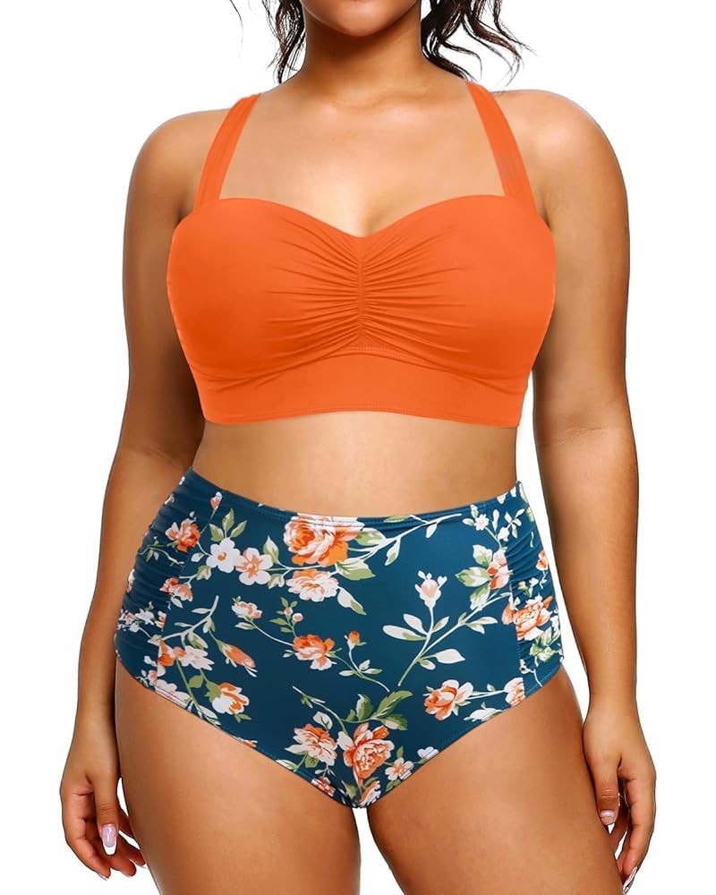 Women Plus Size Bikini Sets High Waisted Two Piece Swimsuit Retro Shirred Bathing Suits Orange Flowers $20.62 Swimsuits