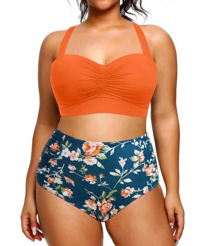 Women Plus Size Bikini Sets High Waisted Two Piece Swimsuit Retro Shirred Bathing Suits Orange Flowers $20.62 Swimsuits