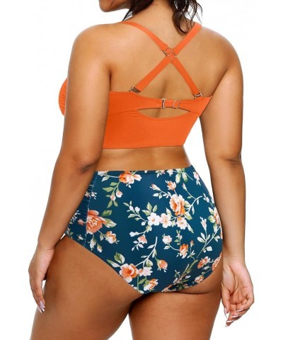 Women Plus Size Bikini Sets High Waisted Two Piece Swimsuit Retro Shirred Bathing Suits Orange Flowers $20.62 Swimsuits