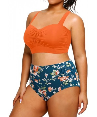 Women Plus Size Bikini Sets High Waisted Two Piece Swimsuit Retro Shirred Bathing Suits Orange Flowers $20.62 Swimsuits