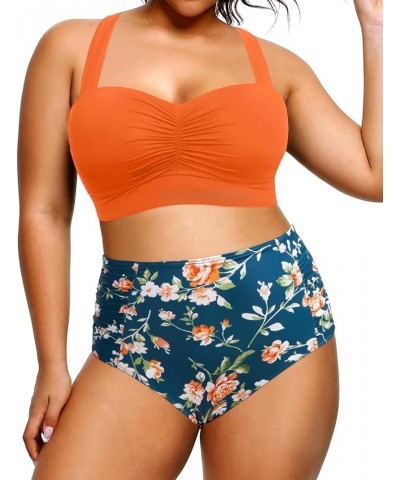 Women Plus Size Bikini Sets High Waisted Two Piece Swimsuit Retro Shirred Bathing Suits Orange Flowers $20.62 Swimsuits