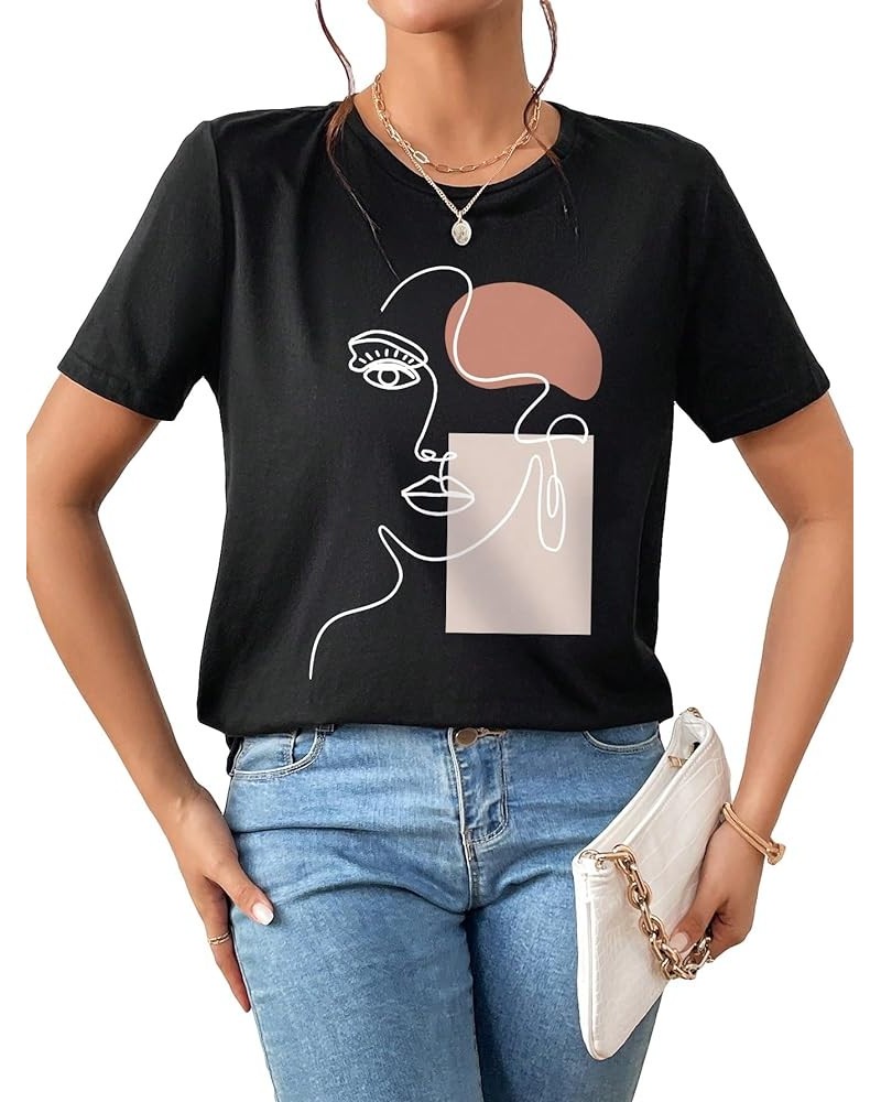 Women's Graphic Printed Cartoon Short Sleeve Casual T-Shirt Top Black $12.25 T-Shirts