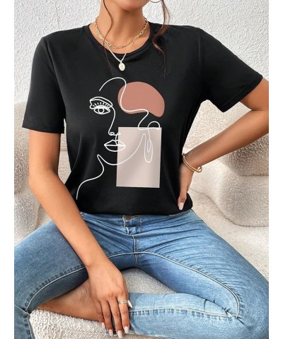 Women's Graphic Printed Cartoon Short Sleeve Casual T-Shirt Top Black $12.25 T-Shirts