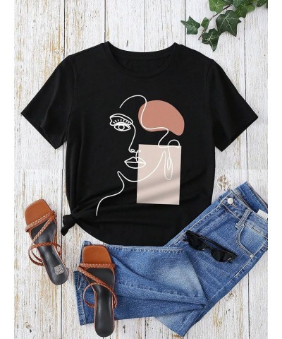 Women's Graphic Printed Cartoon Short Sleeve Casual T-Shirt Top Black $12.25 T-Shirts