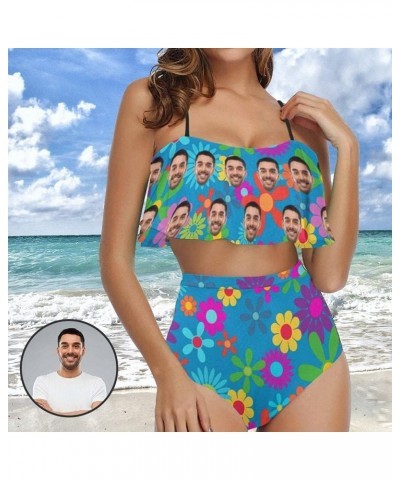 Women Customized Faces Two Piece Swimsuit Shoulder Ruffle Bathing Suits Personalized Printing Bikini Set Floral Blue $15.50 S...