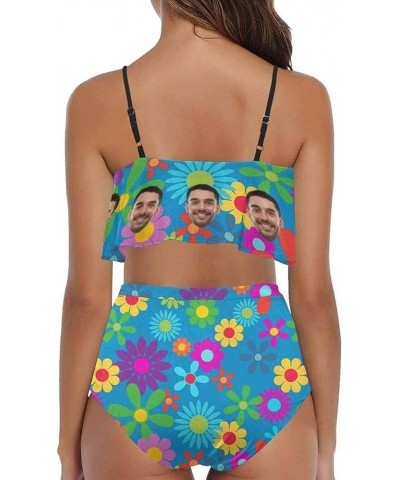 Women Customized Faces Two Piece Swimsuit Shoulder Ruffle Bathing Suits Personalized Printing Bikini Set Floral Blue $15.50 S...