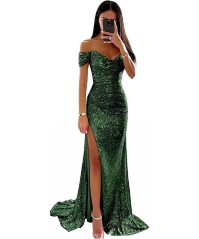 Women's Off Shoulder Sequin Prom Dresses Long V Neck Sparkly Formal Evening Party Dresses with High Slit QA037 Emerald Green ...