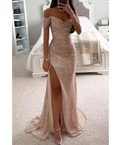 Women's Off Shoulder Sequin Prom Dresses Long V Neck Sparkly Formal Evening Party Dresses with High Slit QA037 Emerald Green ...