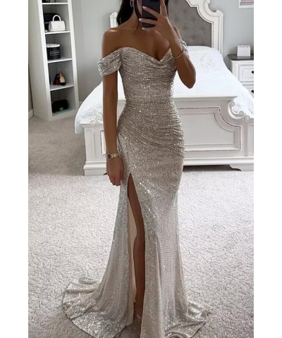 Women's Off Shoulder Sequin Prom Dresses Long V Neck Sparkly Formal Evening Party Dresses with High Slit QA037 Emerald Green ...