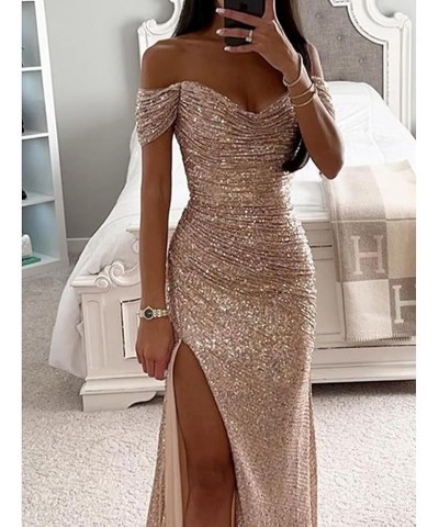 Women's Off Shoulder Sequin Prom Dresses Long V Neck Sparkly Formal Evening Party Dresses with High Slit QA037 Emerald Green ...