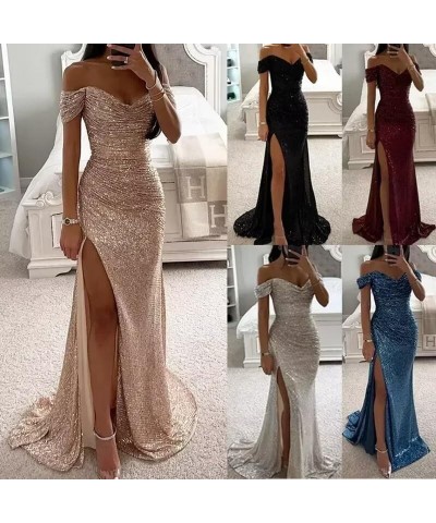 Women's Off Shoulder Sequin Prom Dresses Long V Neck Sparkly Formal Evening Party Dresses with High Slit QA037 Emerald Green ...